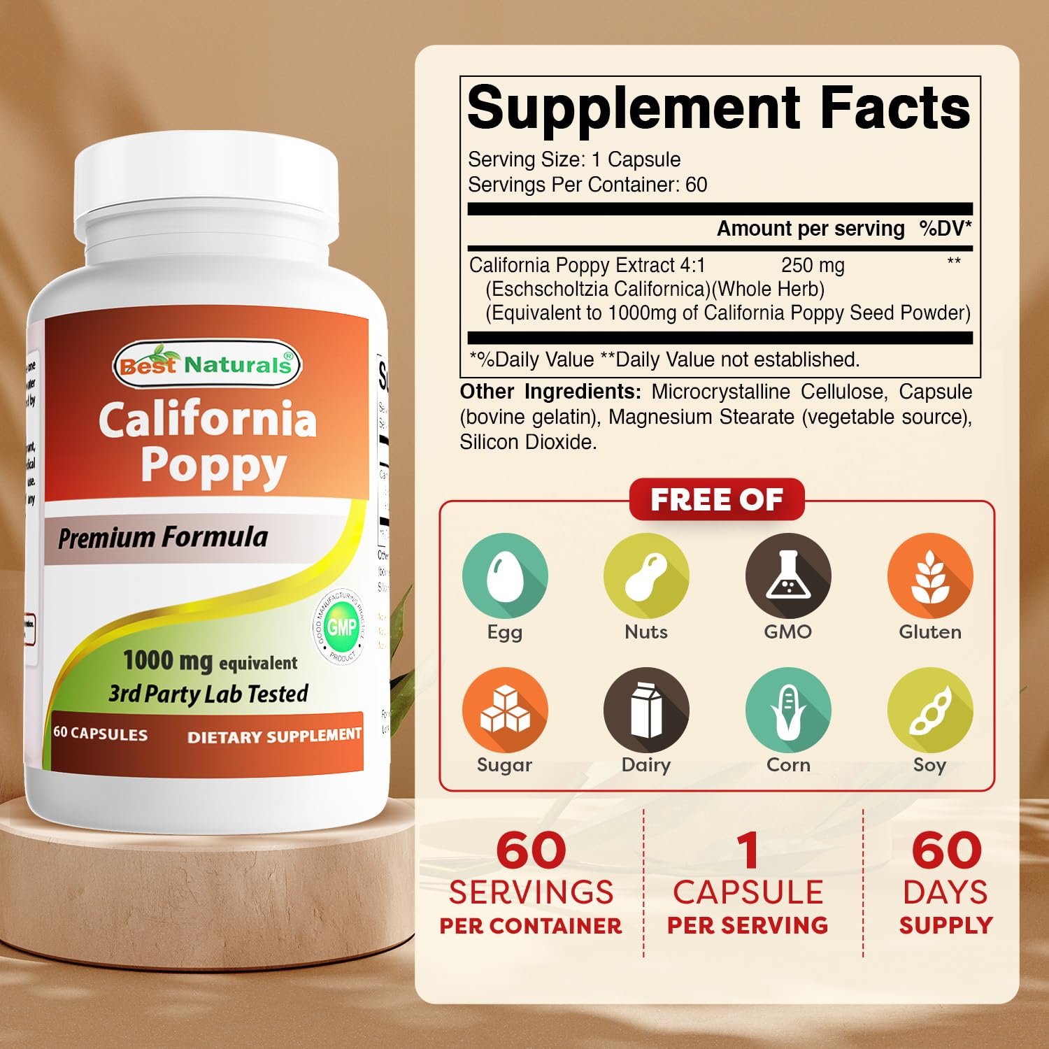Best Naturals California Poppy botella: fácil de tomar y libre de gluten.
