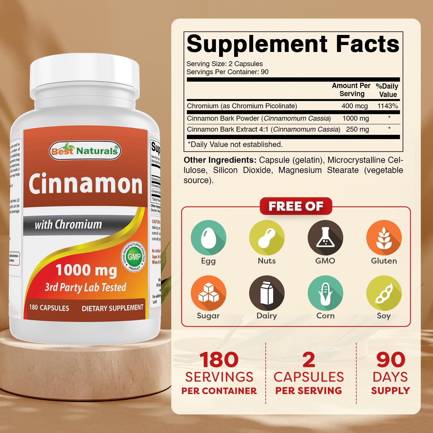 Etiqueta de Best Naturals Canela con información de la fórmula.