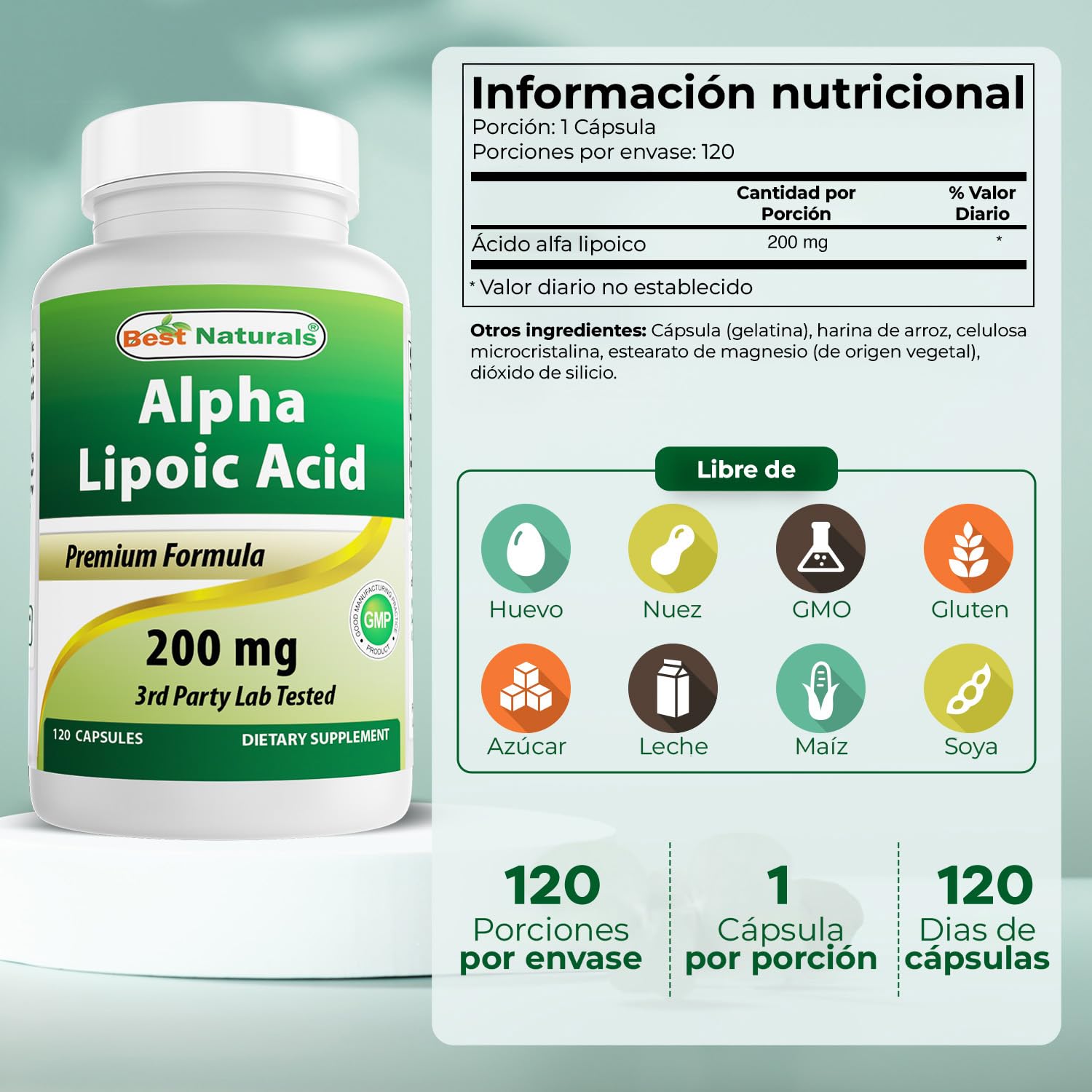 Best Naturals cápsulas alfa-lipoico 200 mg, soporte diario para bienestar general.