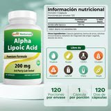 Best Naturals cápsulas alfa-lipoico 200 mg, soporte diario para bienestar general.