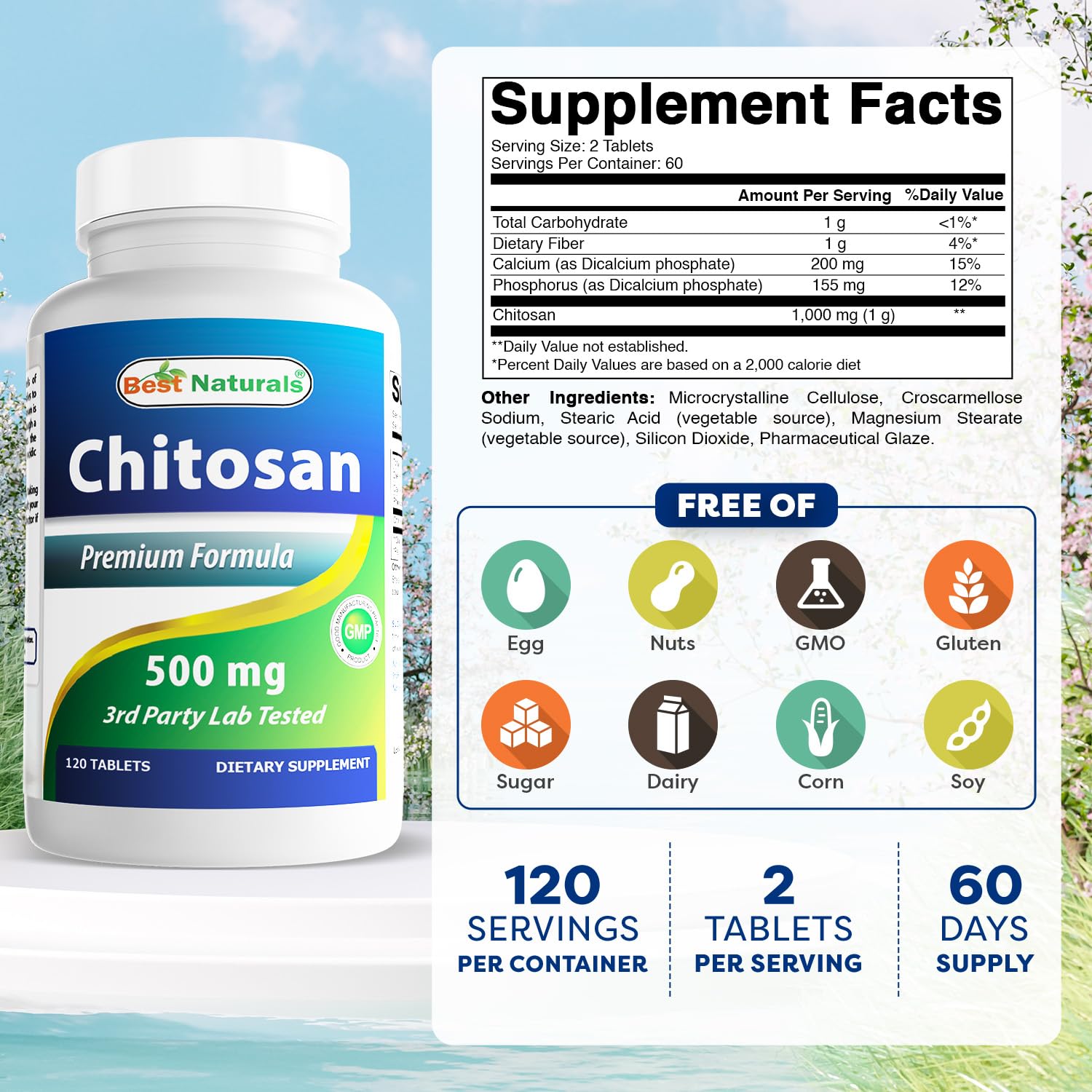 Frasco de Best Naturals Chitosan con 120 tabletas para varios meses de consumo.