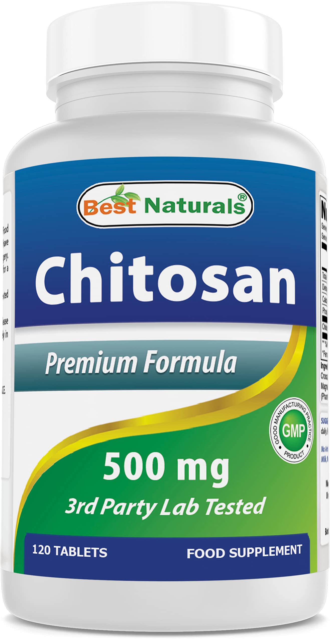 Best Naturals Chitosan tableta de 500 mg, uso diario para apoyar una dieta equilibrada.