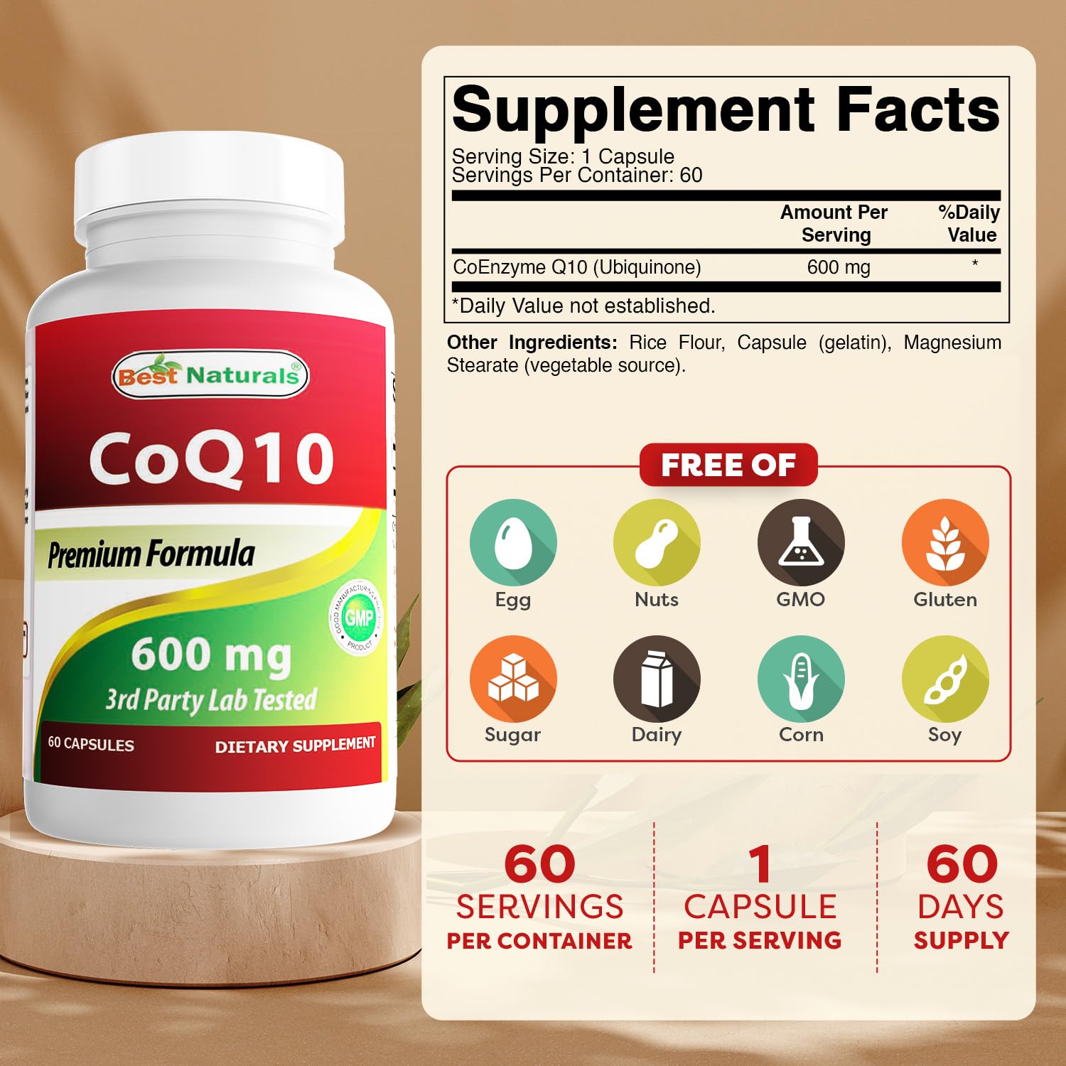 Best Naturals CoQ10 600 mg botella frontal para rutina diaria.