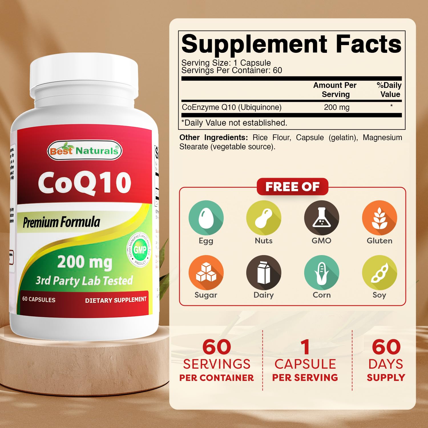 Botella de Best Naturals CoQ10 con 60 cápsulas, formato práctico.