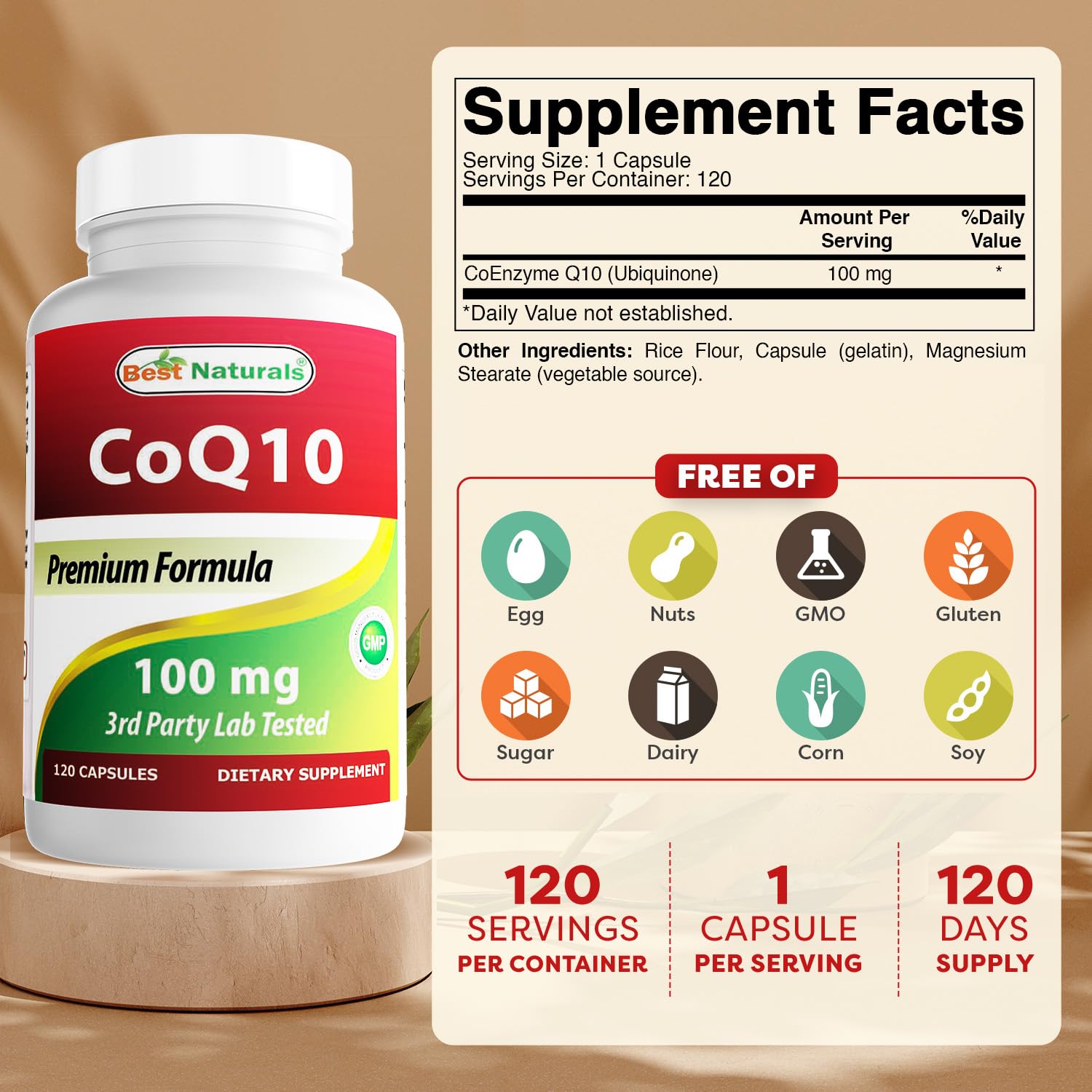 Best Naturals COQ10 capsulas-120; cápsulas visibles para control de dosis diaria.