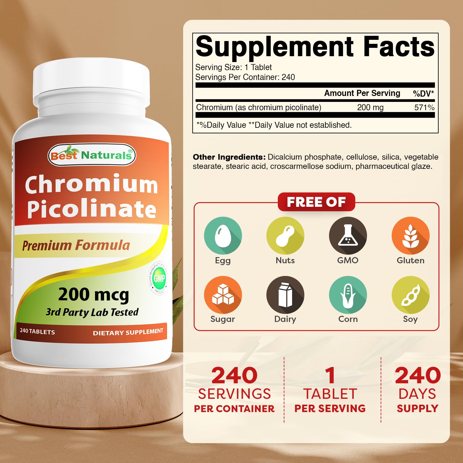 Best Naturals Cromo Picolinato etiqueta visible, fácil de identificar para uso regular