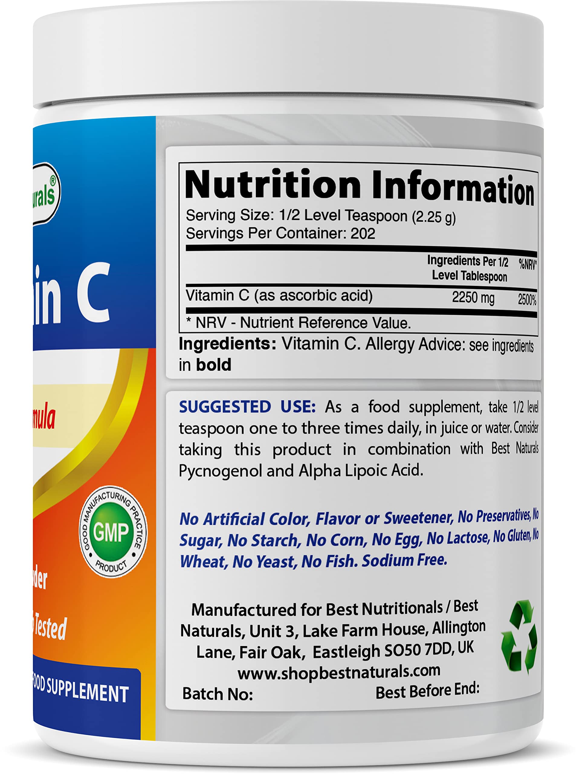 Best Naturals envase de polvo vitamina C 454 g para mezclas diarias.