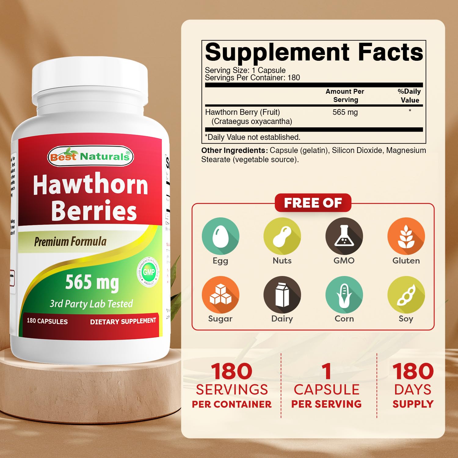Botella de Best Naturals Espino Alvar con 180 cápsulas.