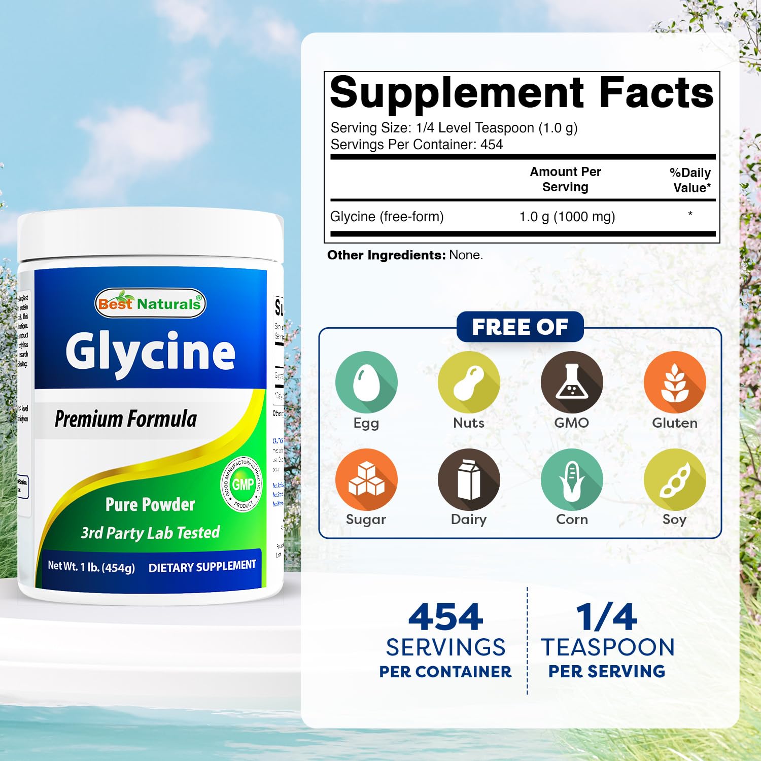 Best Naturals glicina, cucharada de medición, porción diaria de 1000 mg para conveniencia.