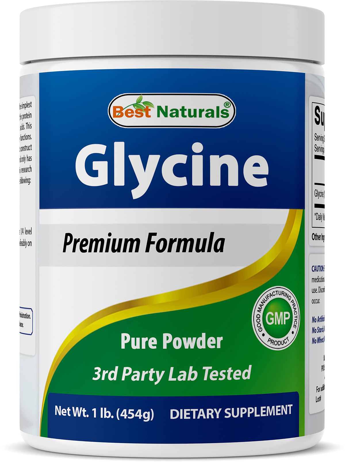 Best Naturals glicina polvo frasco mostrado para uso diario y relajación suave.