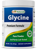 Best Naturals glicina polvo frasco mostrado para uso diario y relajación suave.