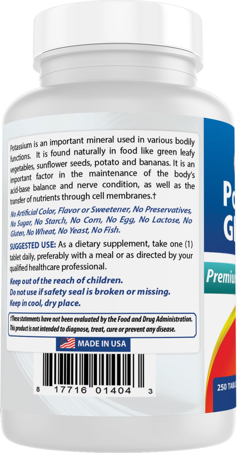 Best Naturals gluconato de potasio; producto sin gluten para regímenes alimenticios.