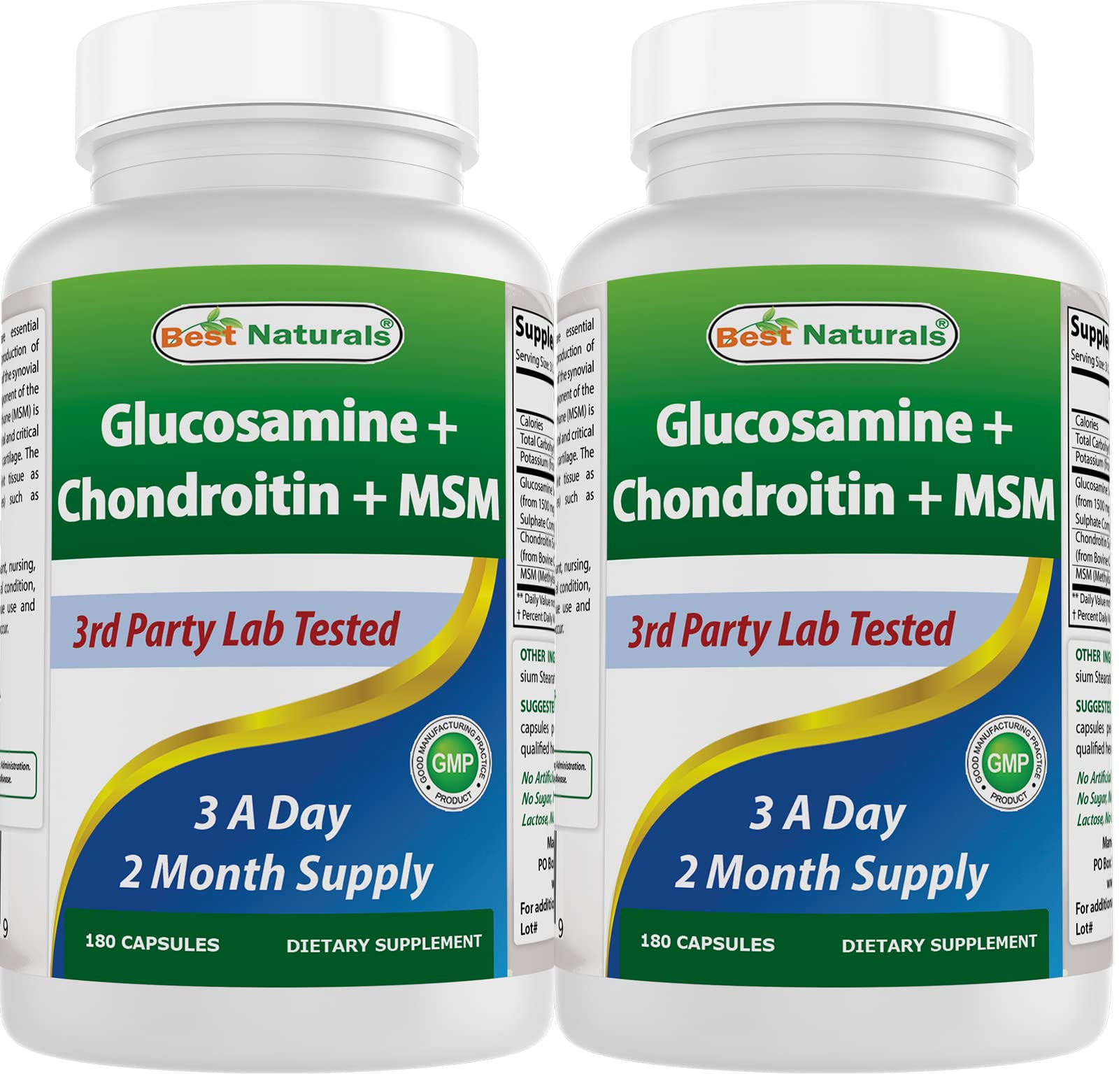 Best Naturals Glucosamina Condroitina MSM, botella frente, apoyo articular diario.