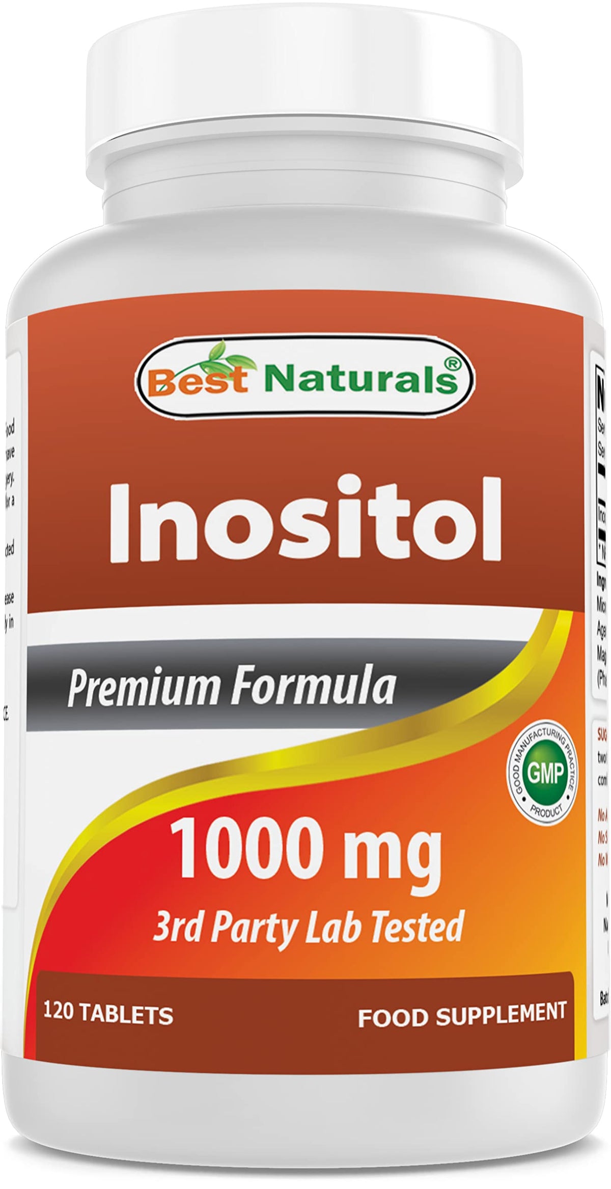 Best Naturals Inositol 1000mg, vista frontal de la botella, fácil de incorporar a tu rutina.