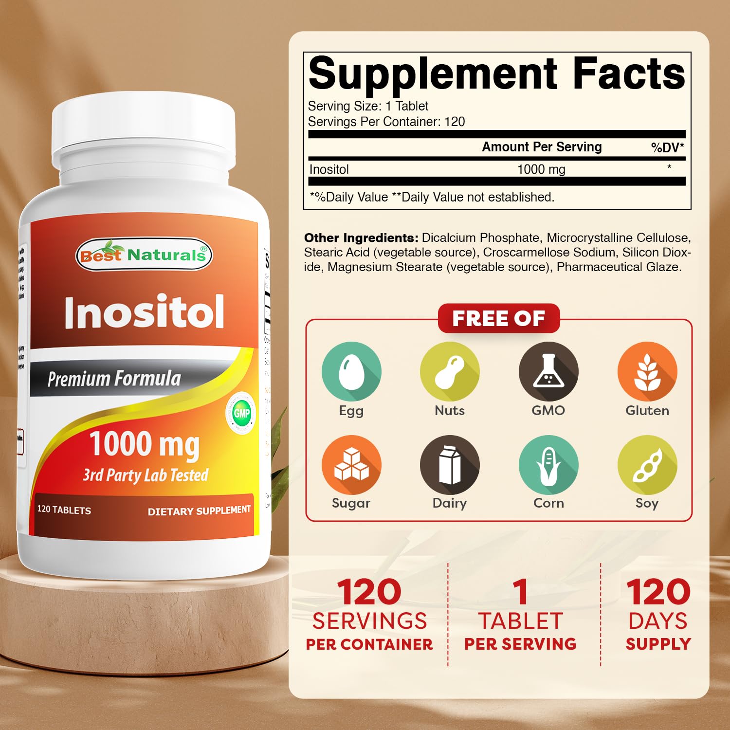 Detalle de la etiqueta de Best Naturals Inositol 1000mg para confirmar ingredientes.