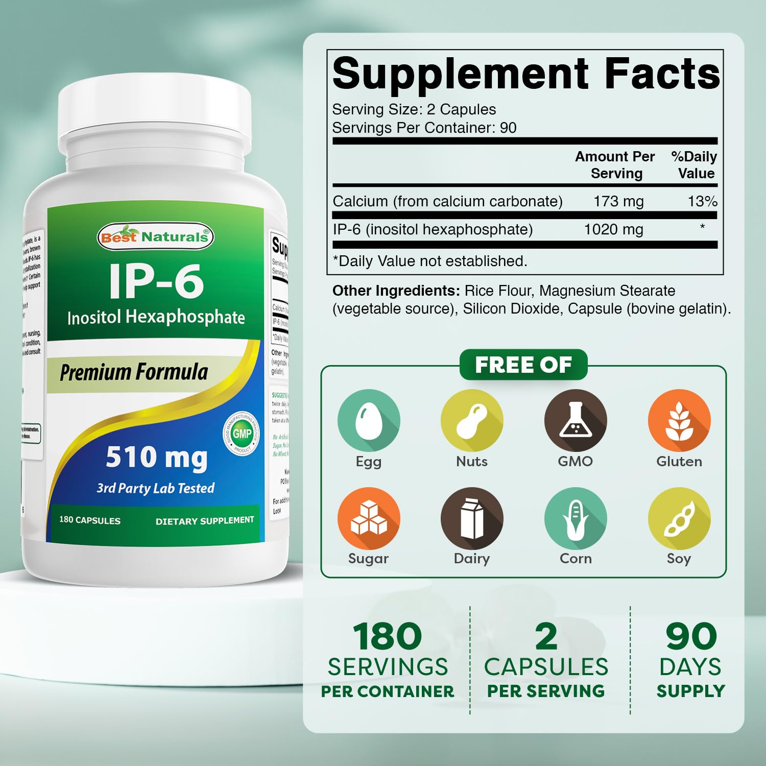 Best Naturals IP-6 510 mg, cápsulas en primer plano, uso diario sencillo.