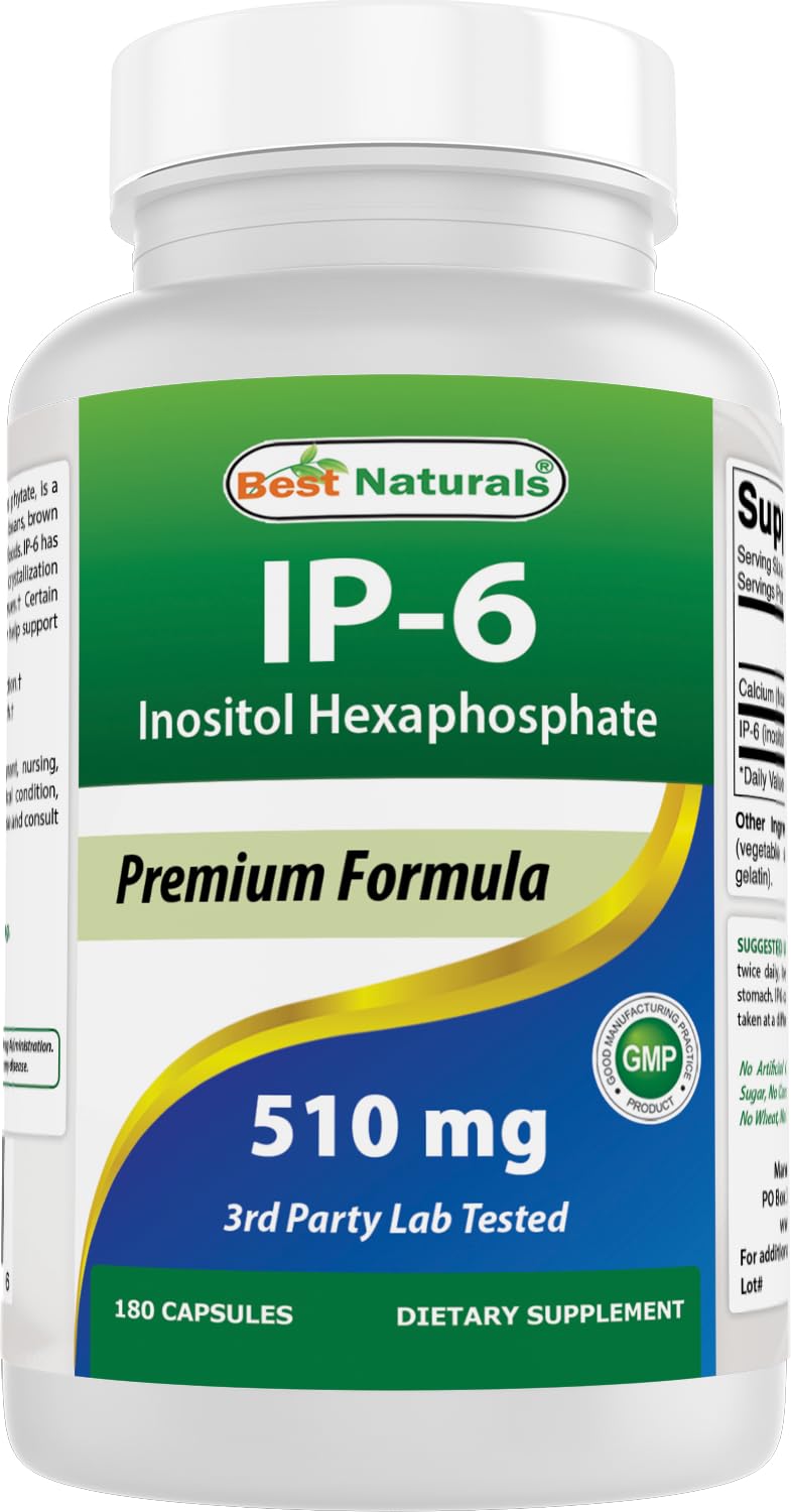 Best Naturals IP-6 510 mg, botella frente, ideal para uso diario.