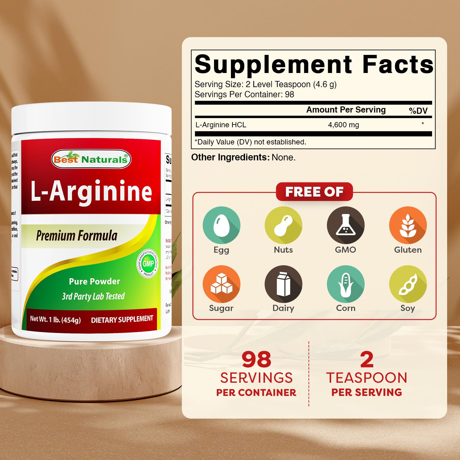 Medición con cucharita de nivel para porción de 4.6 g de Best Naturals L-Arginina