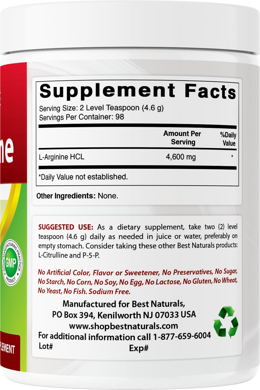 Envase transparente de Best Naturals L-Arginina para observar la dosis