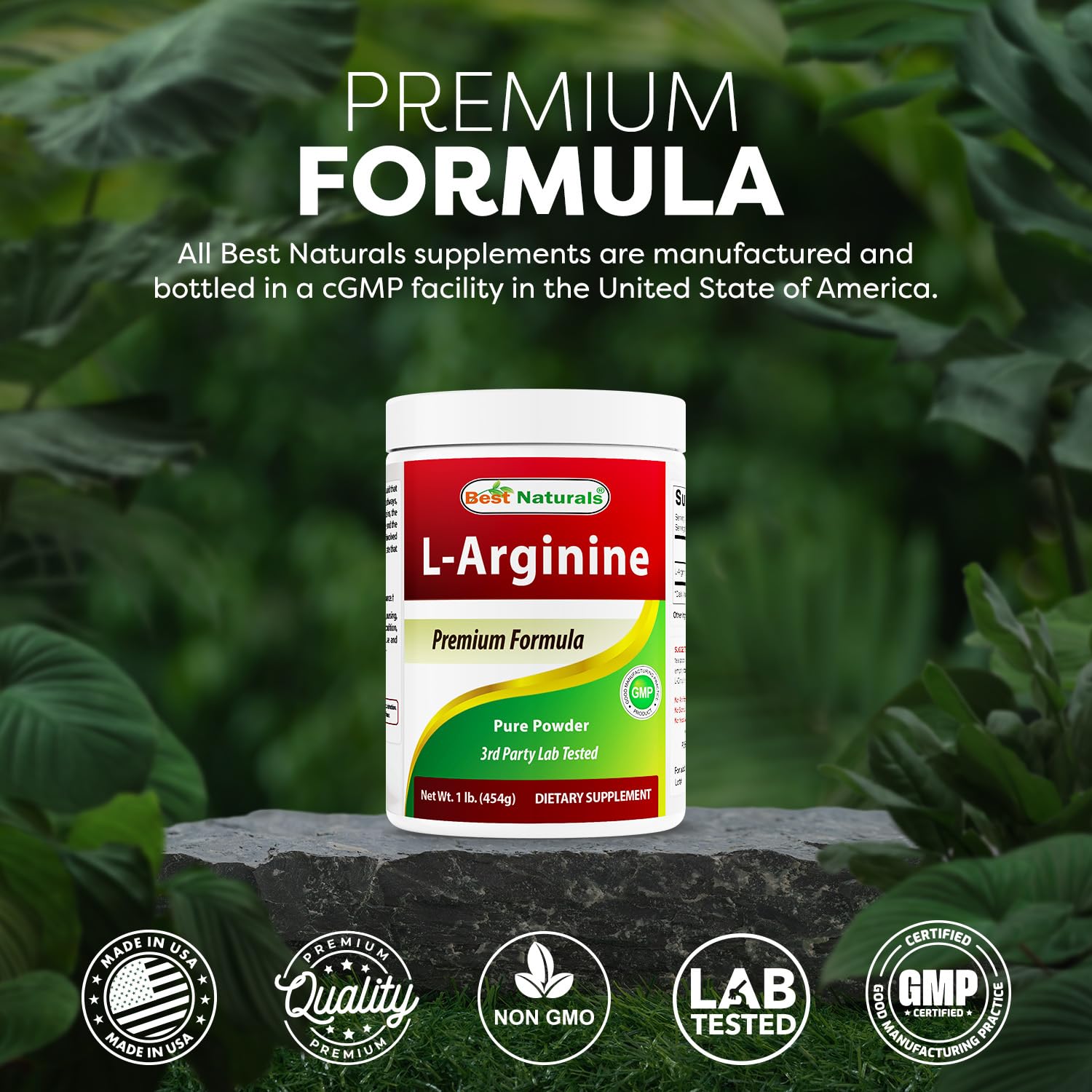 Producto hecho en Estados Unidos con certificación GMP de Best Naturals L-Arginina
