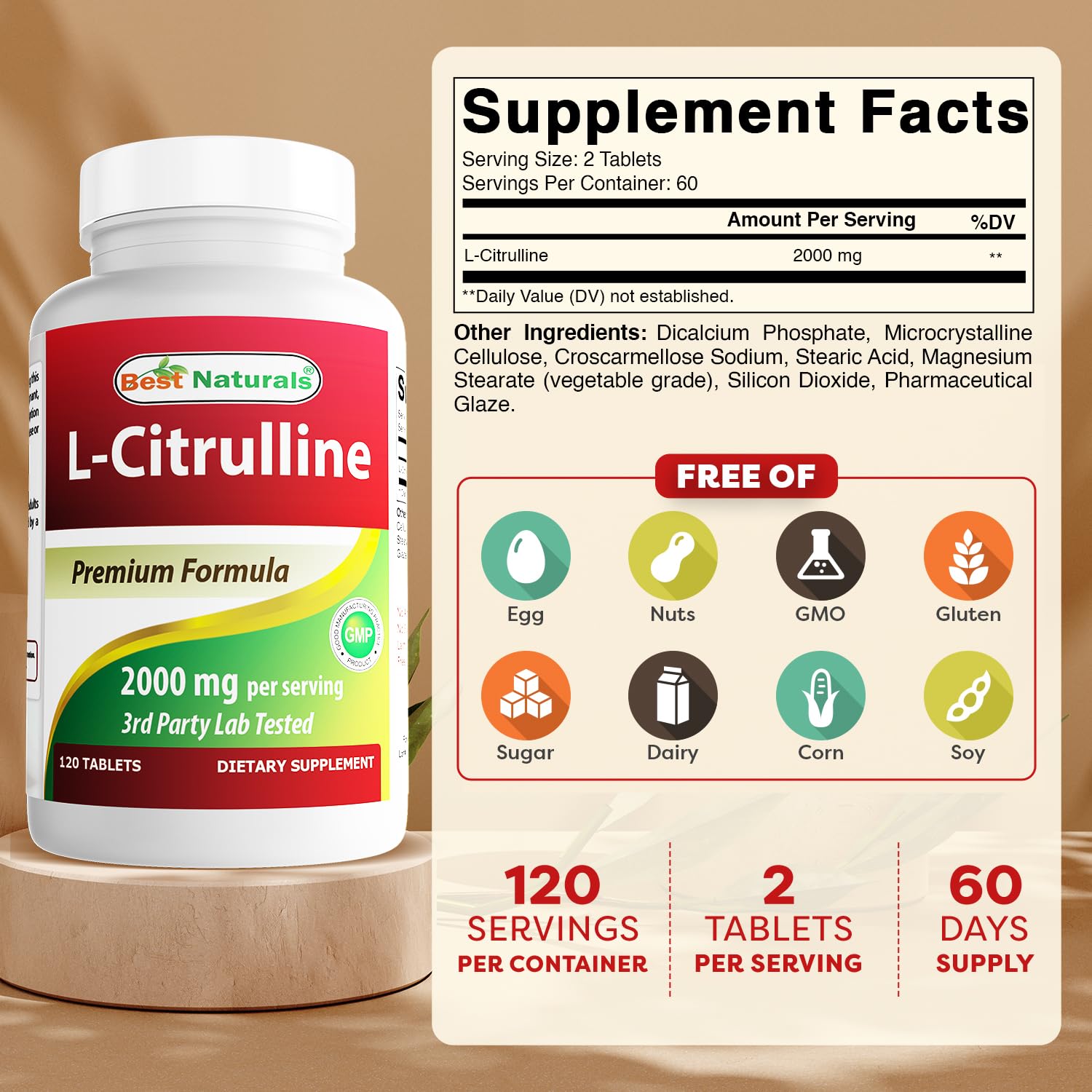 Best Naturals L-Citrulina 2000 mg tabletas: dosis diaria para apoyo muscular