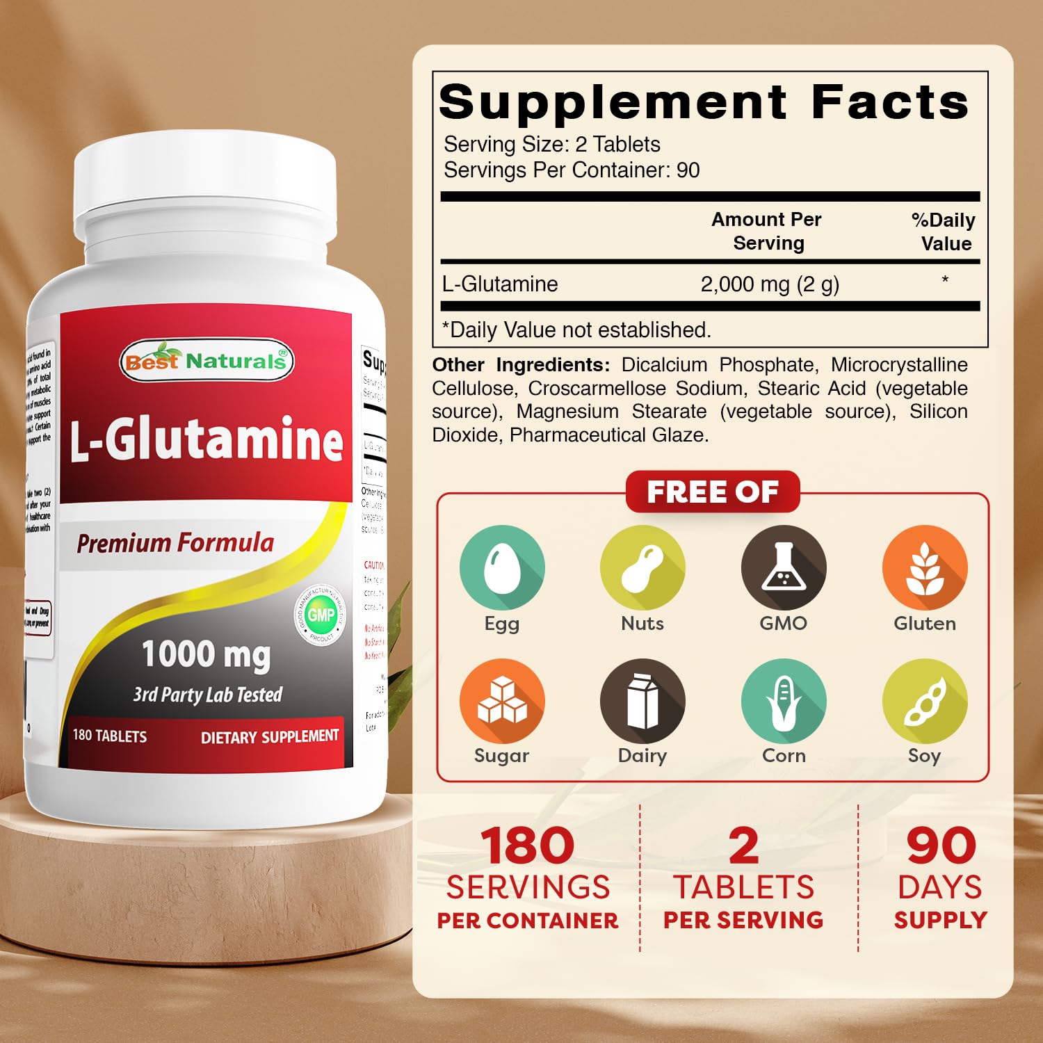 Best Naturals L-Glutamina detalle de tableta, 1000 mg por toma
