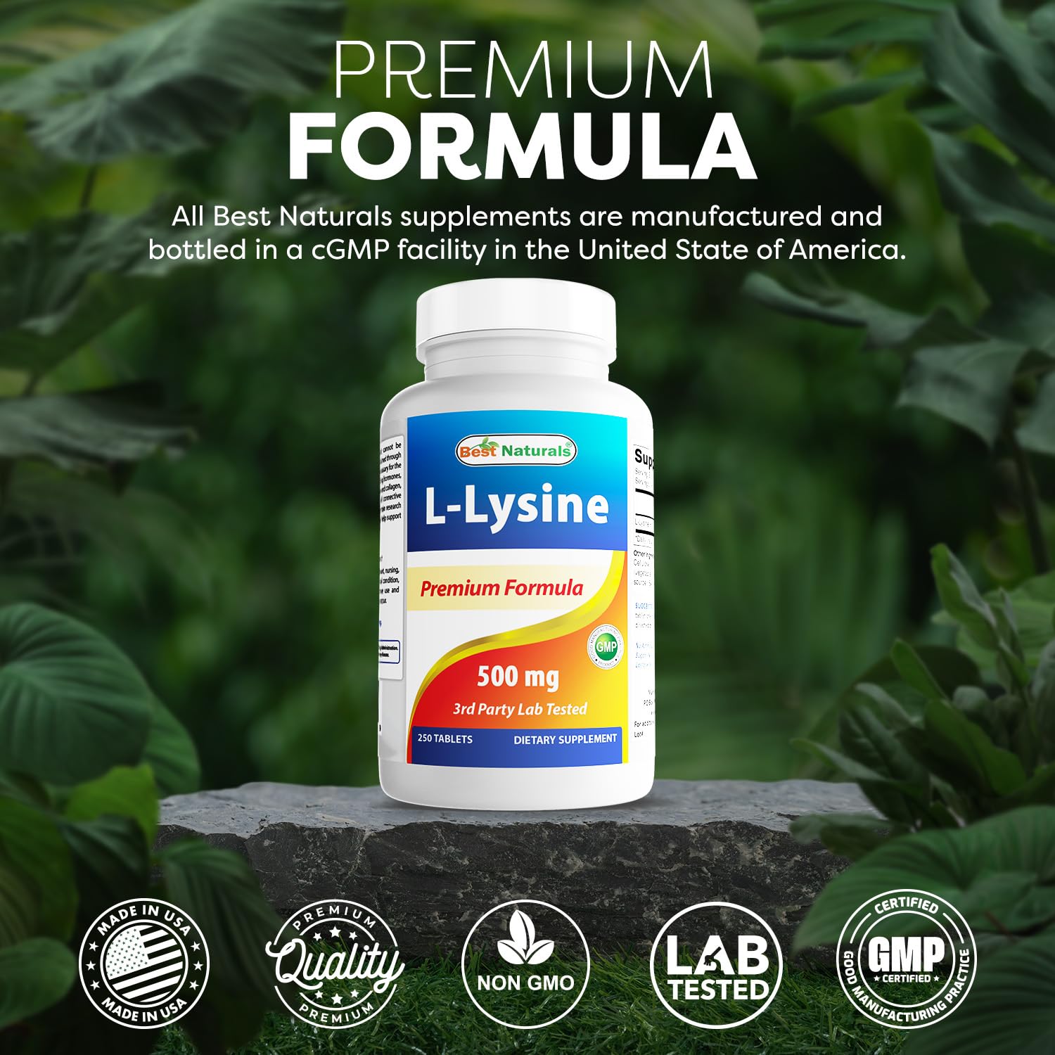 Best Naturals L-Lisina 500 mg, caja y frasco fabricados en USA.