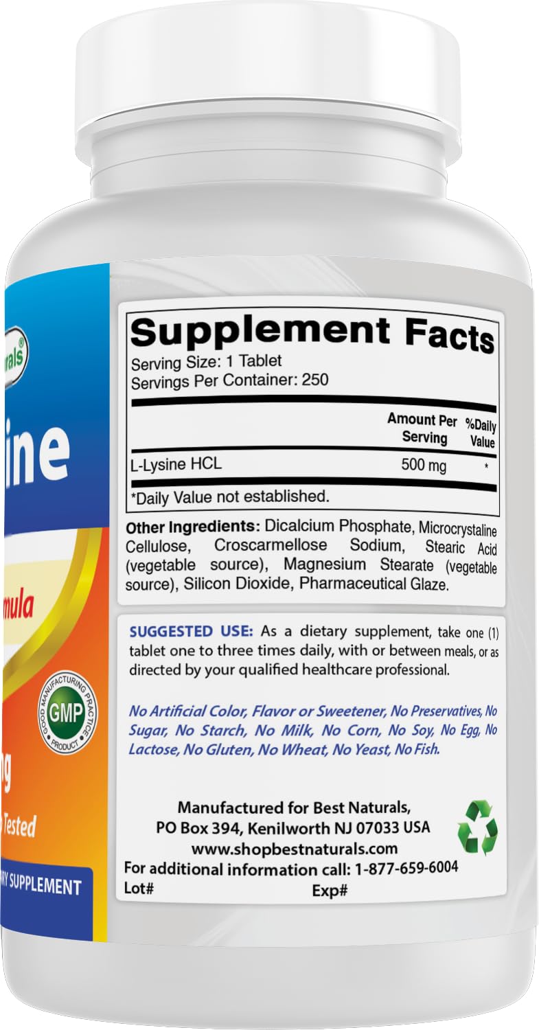 Best Naturals L-Lisina 500 mg, sello de calidad de laboratorio.