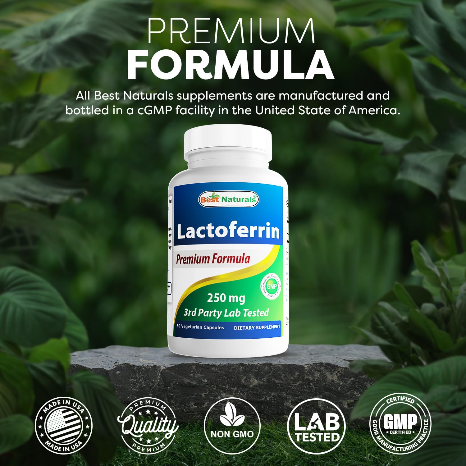 Fabricación en USA para Best Naturals Lactoferrina, estándar GMP