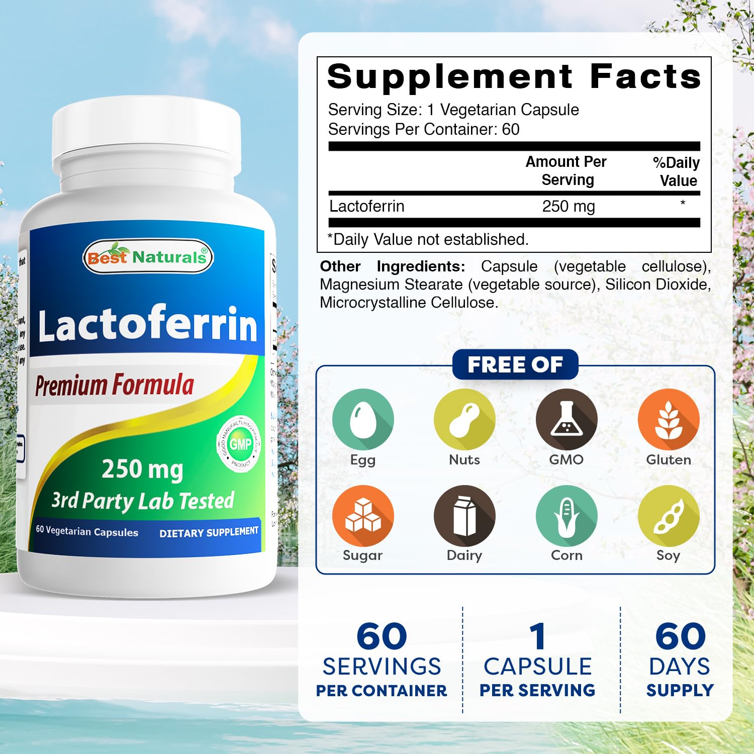 Best Naturals Lactoferrina frasco de 60 cápsulas, formato práctico