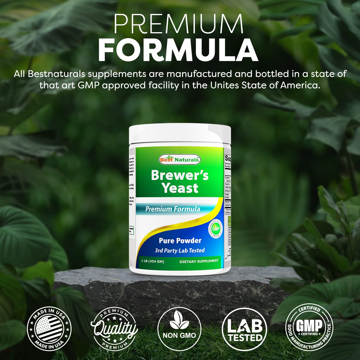 Best Naturals levadura de cerveza en polvo, envase de 454 g con indicaciones.