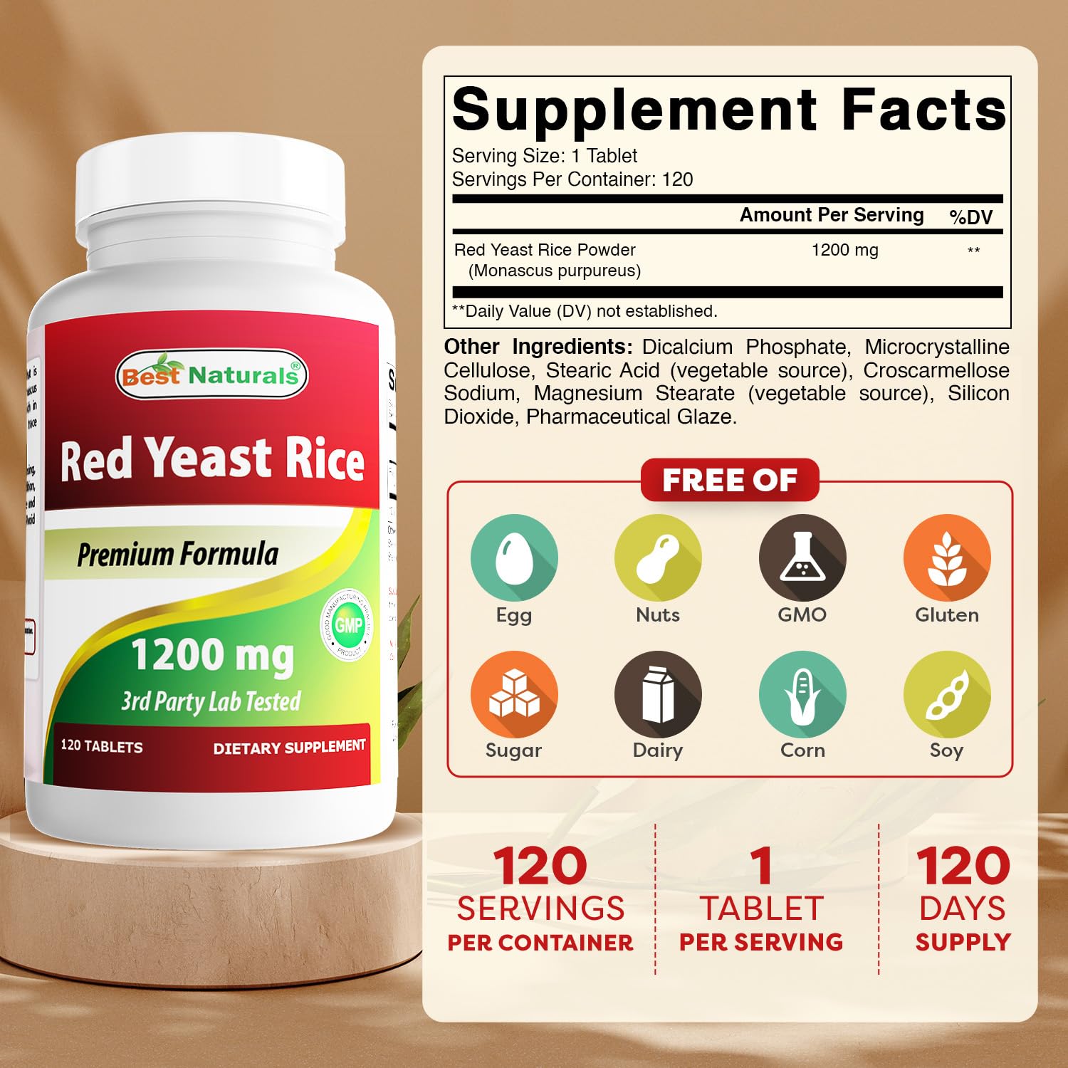 Best Naturals levadura de arroz rojo 1200 mg, botella práctica para el día a día.