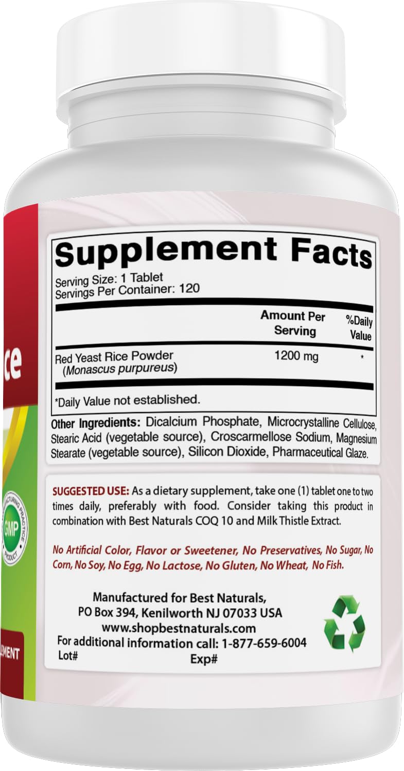 Best Naturals levadura de arroz rojo 1200 mg, lista de ingredientes sin alérgenos.