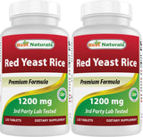 Best Naturals levadura de arroz rojo 1200 mg, tabletas para uso diario sin gluten.