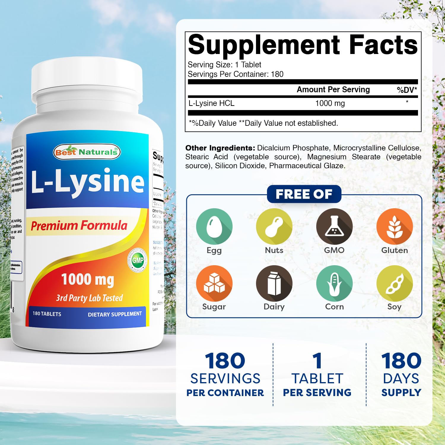 Best Naturals L-Lisina 1000 mg, vista trasera de la botella