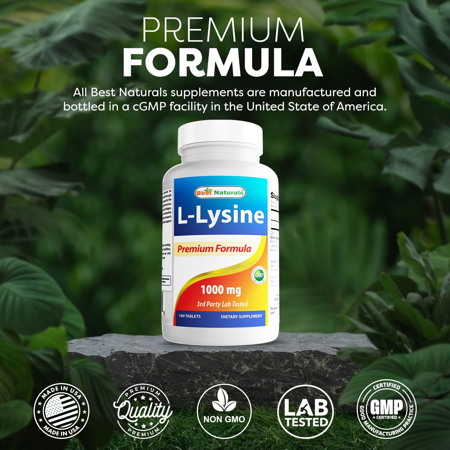 Best Naturals L-Lisina 1000 mg, frasco visto de costado