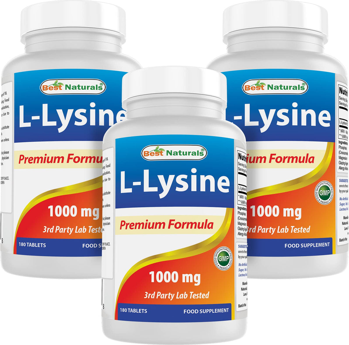 Best Naturals Lisina 1000 mg, tres frascos, suministro diario confiable.