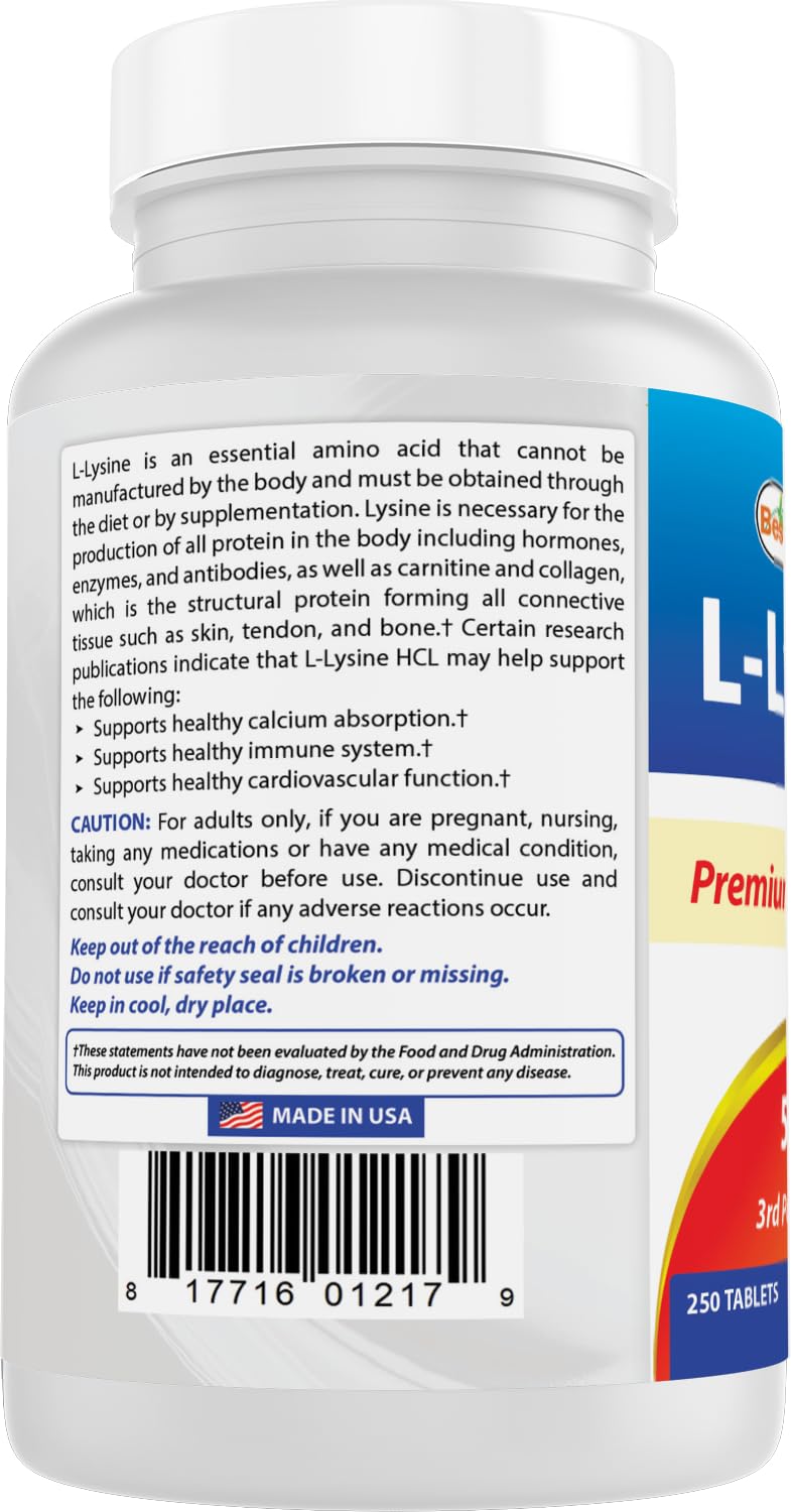 Best Naturals Lisina 500 mg, uso diario sin alérgenos comunes.