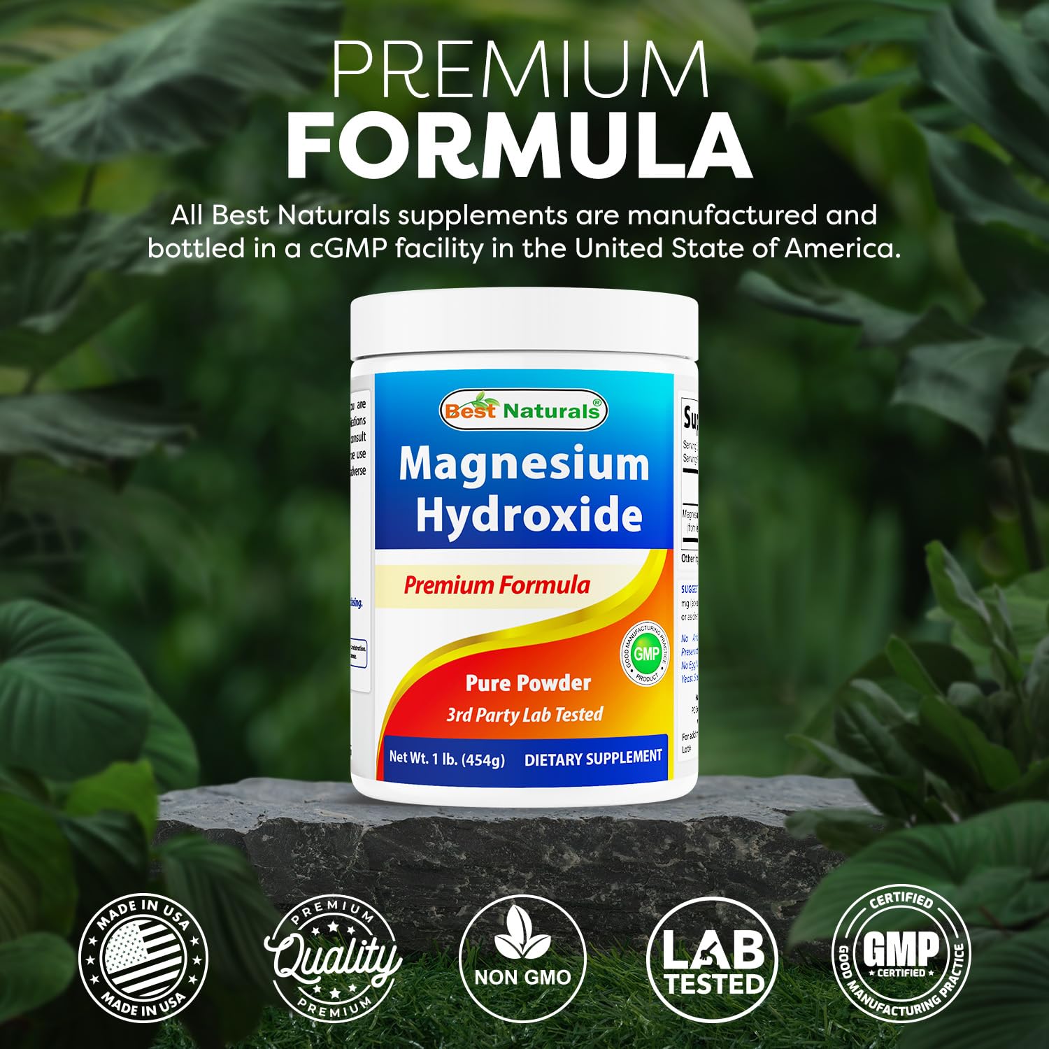 Best Naturals Magnesio Hidróxido envase seguro para almacenamiento prolongado.