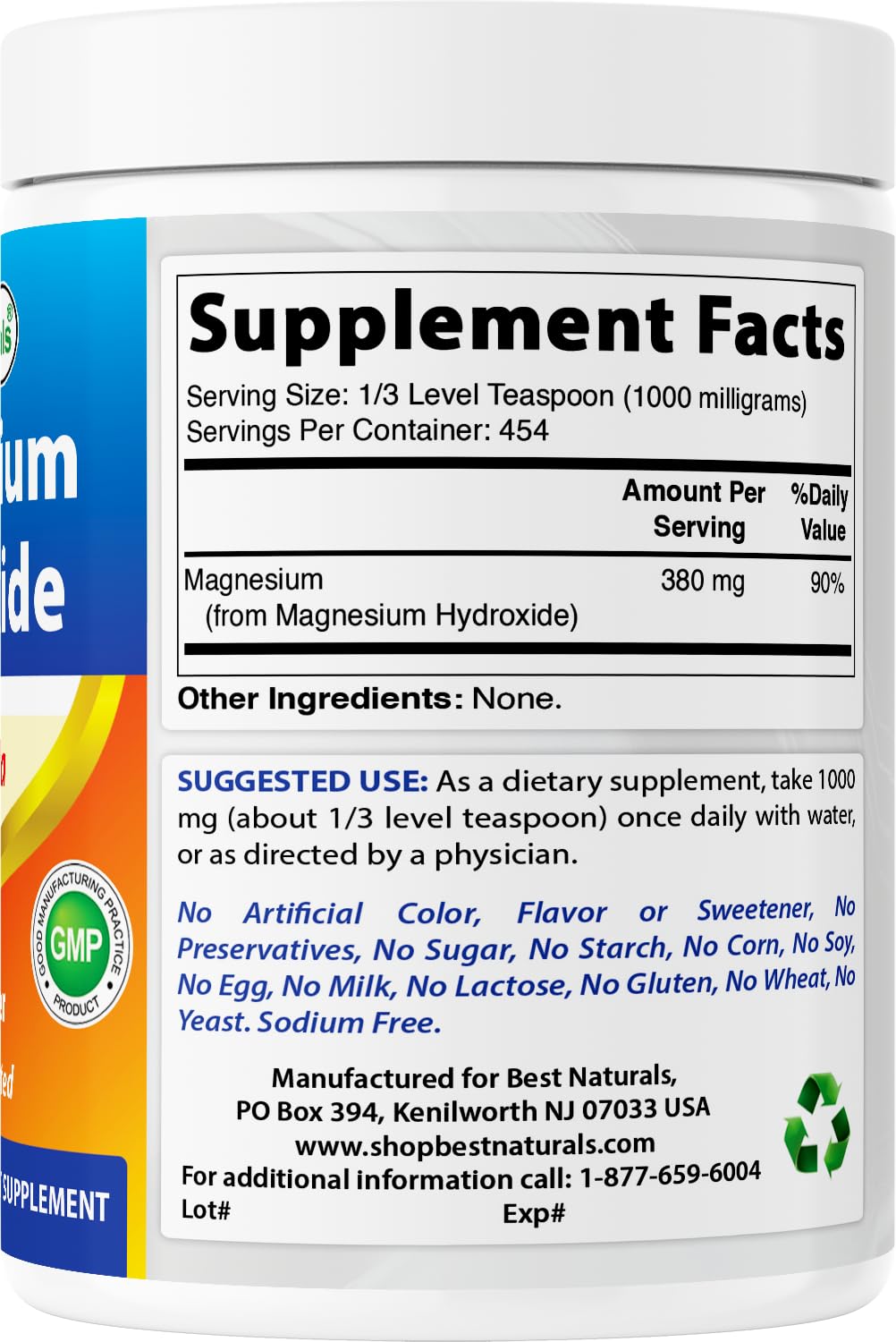 Best Naturals Magnesio Hidróxido de 454 porciones para uso prolongado.