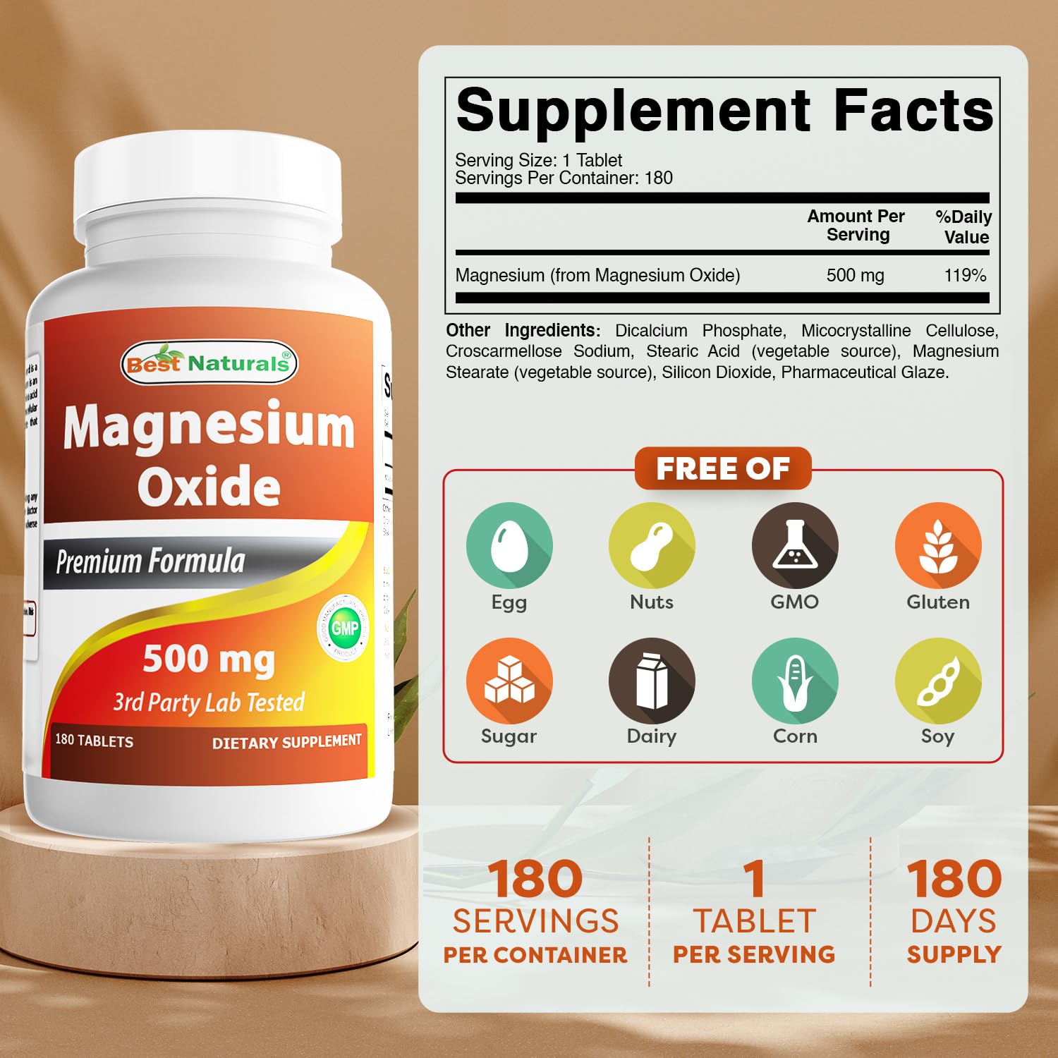 Best Naturals Magnesio Oxido 500 mg – frasco para uso diario y cómodo manejo.