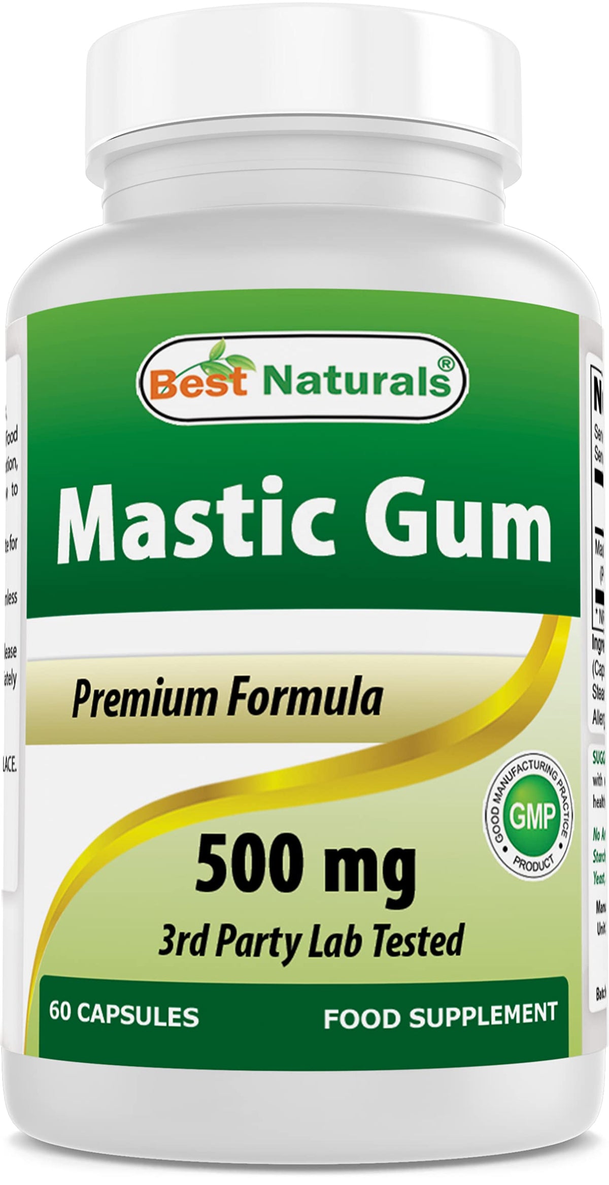 Best Naturals Mastic Gum 500 mg, cápsulas en botella para uso diario.
