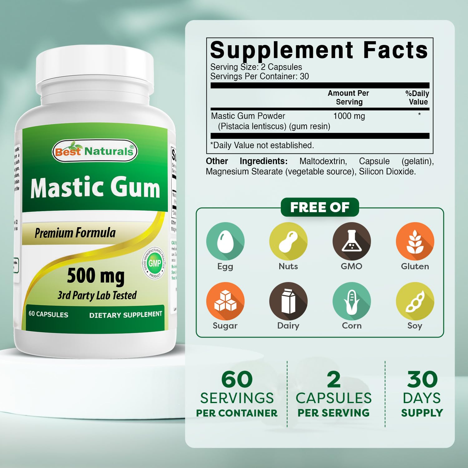 Etiqueta de Best Naturals Mastic Gum 500 mg en primer plano.