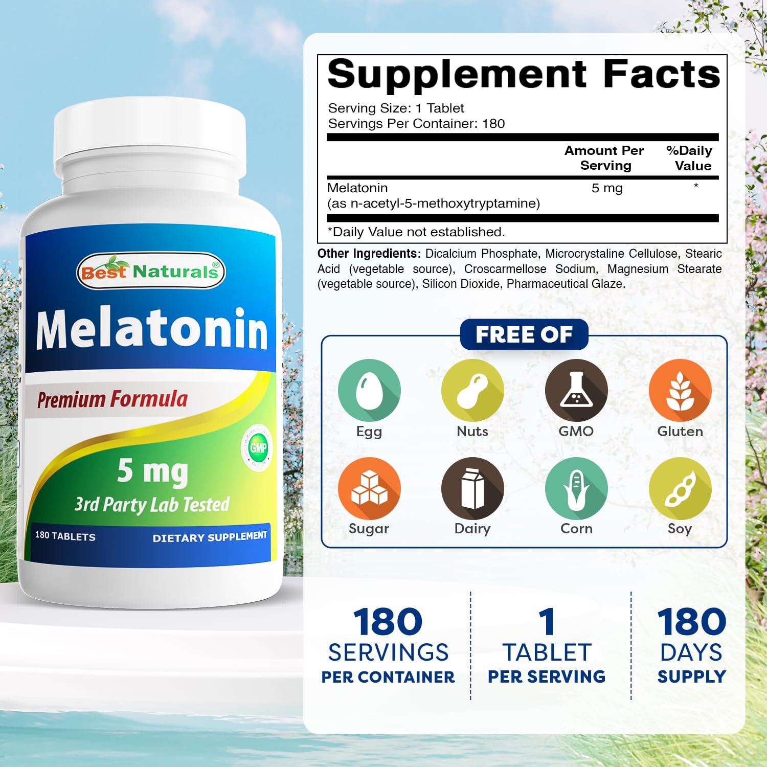 Best Naturals Melatonina 5 mg, tabletas en blister, consumo cómodo al acostarte