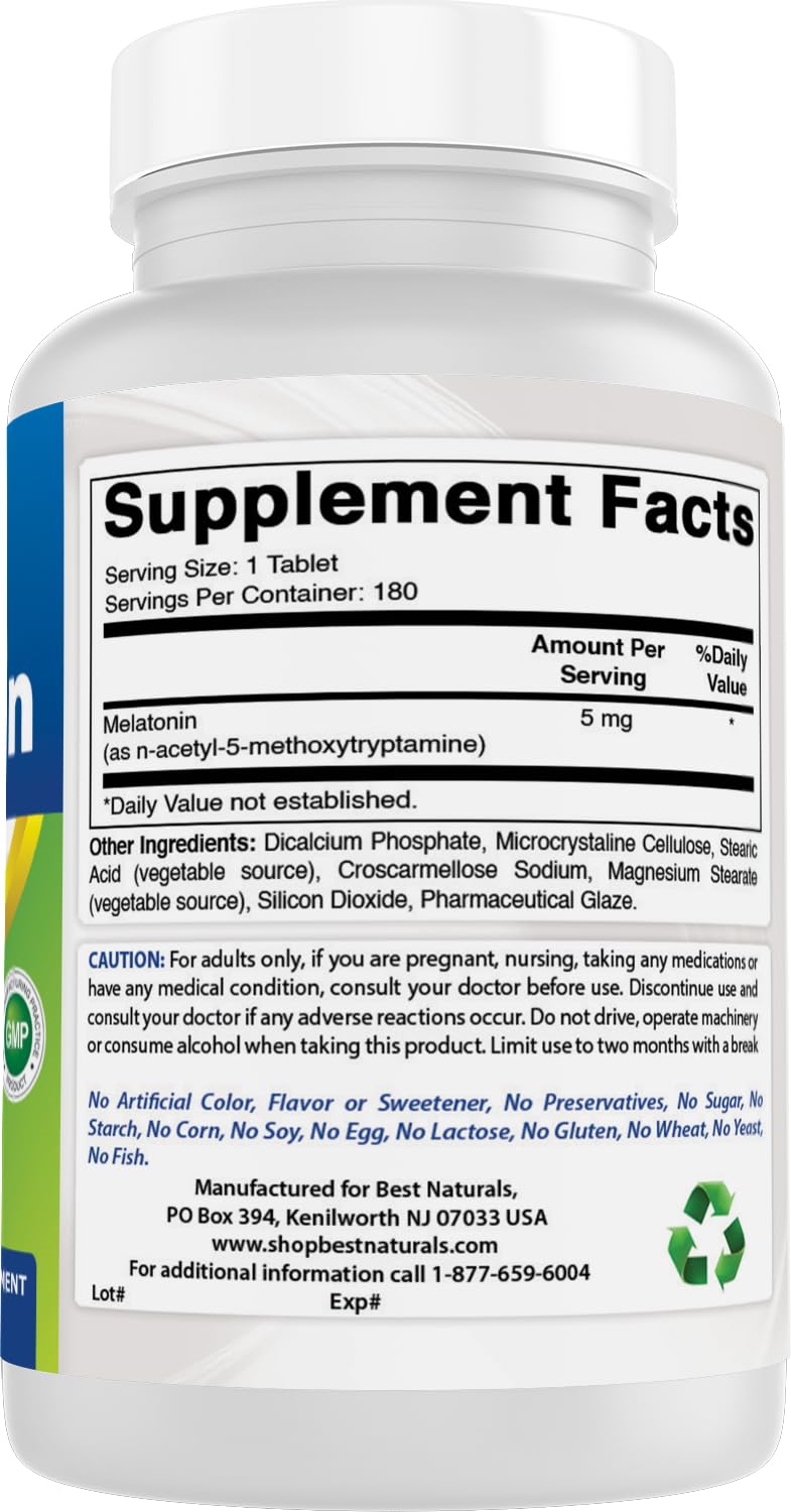Best Naturals Melatonina 5 mg, tabletas en blister, dosificación constante para una rutina nocturna