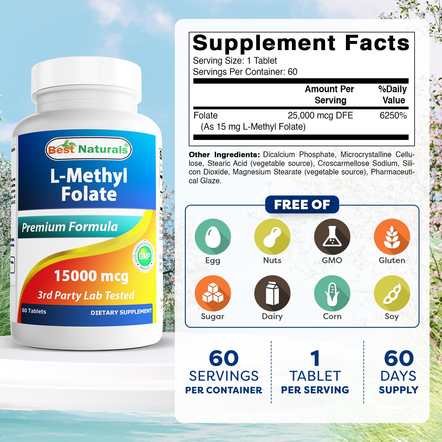 Best Naturals Metil Folato etiqueta trasera, dosificación y beneficios potenciales.