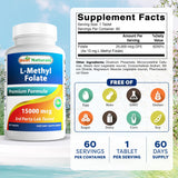 Best Naturals Metil Folato etiqueta trasera, dosificación y beneficios potenciales.