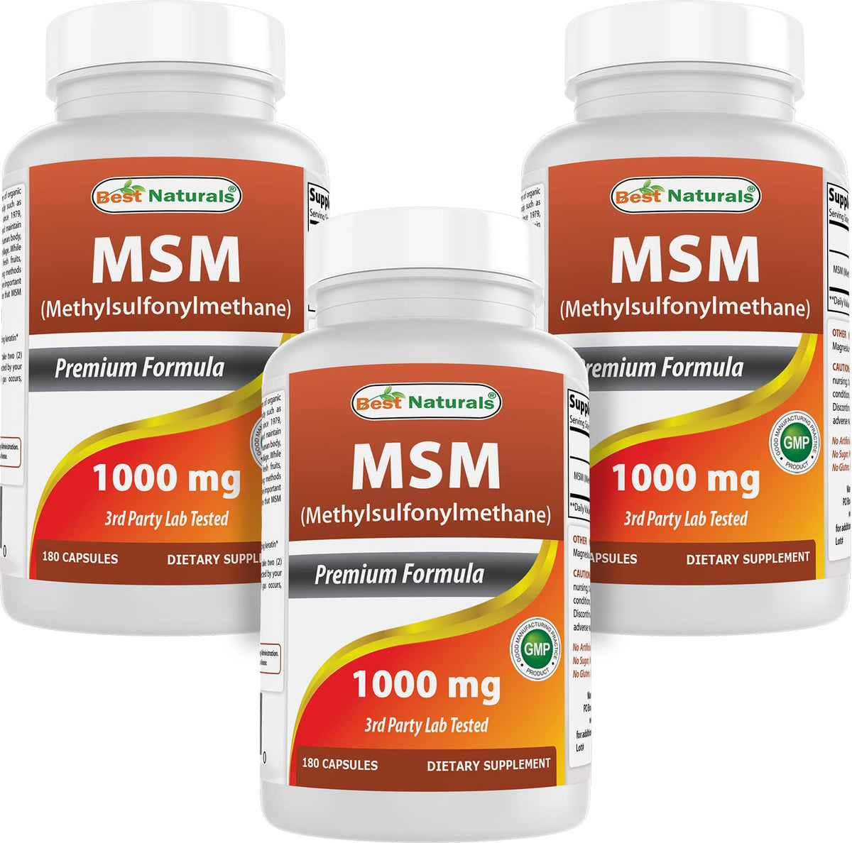 Best Naturals MSM 1000 mg, botella visible con etiqueta legible y diseño limpio