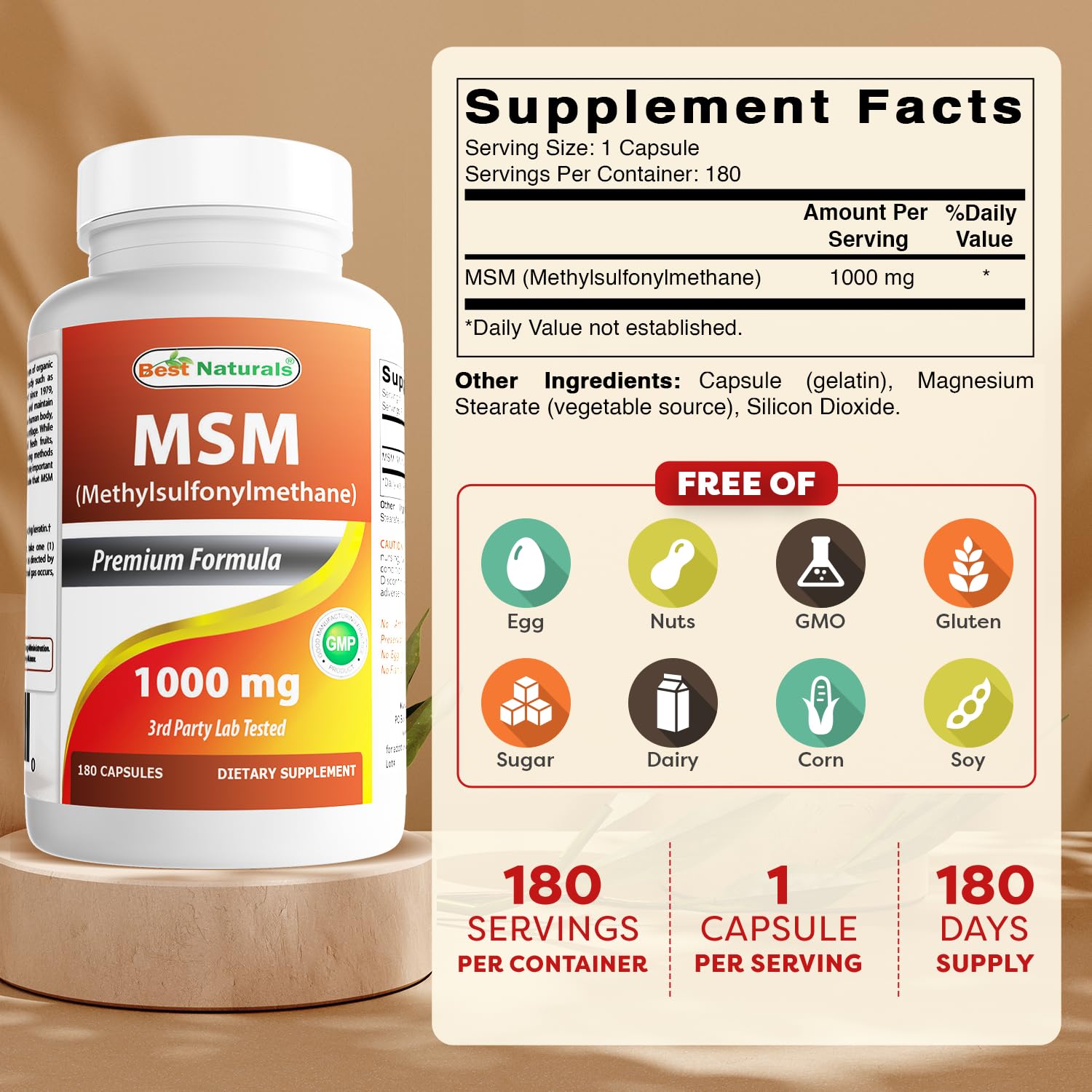 Best Naturals MSM 1000 mg, cápsulas de color neutro en blíster dentro de caja
