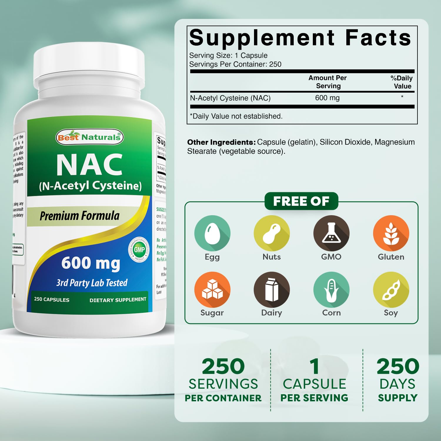Best Naturals NAC etiqueta frontal, ingredientes claros para una elección informada